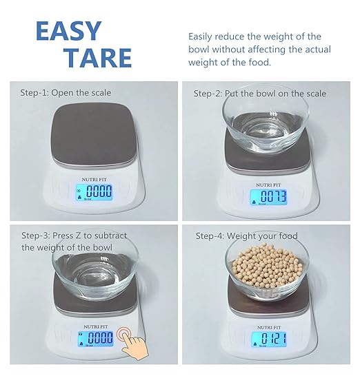 NUTRI FIT Food Kitchen Scale Digital Grams and Ounces Ultra Slim Scale Portable for Baking Cooking Camping Stainless Tare Auto Off Backlit Large LCD Display 11lb/5kg-White