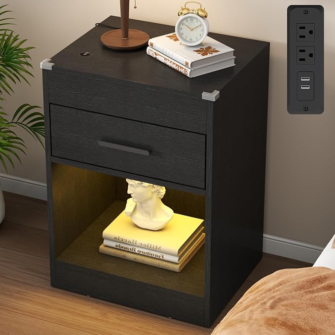 Gyfimoie Led Night Stand with Charging Station & RFID Lock Cabinet, Smart by Gyfimoie