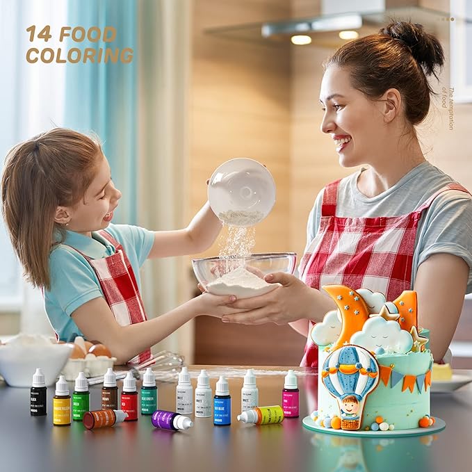 14 Food Coloring Set, Liquid Vibrant Food Color Tasteless Food Dye for Baking, Icing, Cake Decorating, Fondant, Easter Egg, Slime Making DIY Supplies Kit - 0.35 Fl. oz (10 ml)/Bottles
