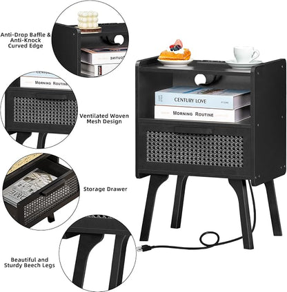 Lerliuo Rattan Nightstand with Charging Station, Side Table with Drawer Open - Image 7