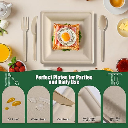 300Pcs Disposable Paper Plates Set, Compostable Plate Sugarcane Utensils Eco Friendly Dinnerware Kit Includes 50 Biodegradable Plates, Forks, Knives Napkins and Spoons for Brithday Party Camping