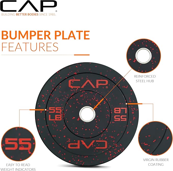 CAP Barbell 2-Inch Olympic Bumper Plate Weight Set with 6 Post Rack | 100-370 lbs | Multiple Options