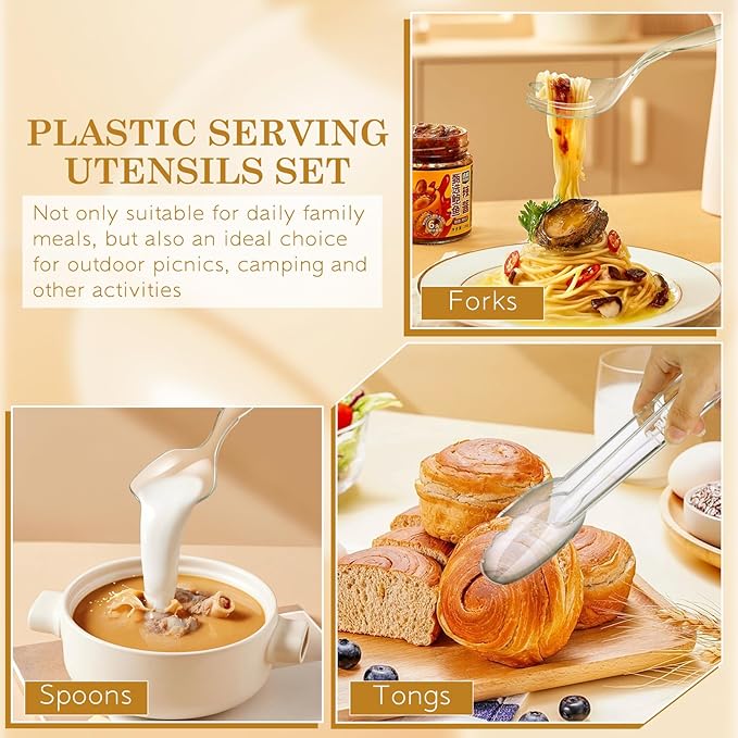 72Pcs Serving Utensils 9'' Large Plastic Serving Utensils Set Serving Spoons for Buffet Clear Disposable Plastic Tongs Heavy Duty Slotted Spoons/Forks Supplies for Party Food Salad Noodles Soup