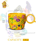 Ceramic Mini Espresso Cups Set of 2 – 3 oz Double Espresso Coffee Cups with Q Handle, Yellolw Floral and fruit Pattern, Small Espresso Shot Cups for Home Coffee Bar,Lungo