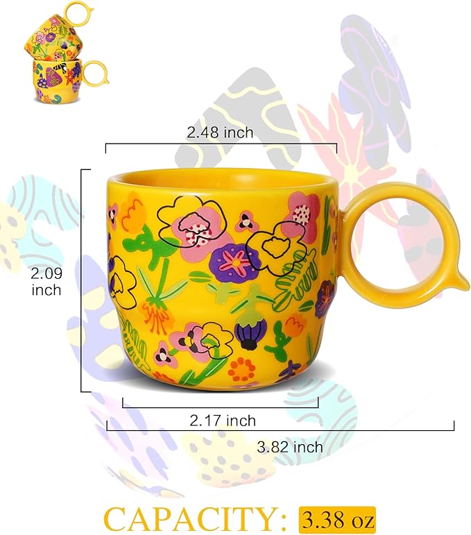 Ceramic Mini Espresso Cups Set of 2 – 3 oz Double Espresso Coffee Cups with Q Handle, Yellolw Floral and fruit Pattern, Small Espresso Shot Cups for Home Coffee Bar,Lungo