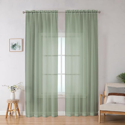 Sheer Curtains, Sage Green Sheer Curtains 78 inch Length 2 Panels Set, Rod by OWENIE