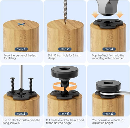 MROCO Adjustable Leveling Feet, 3/8"-16 Thread T-Nut Kit Furniture Levelers - Image 5