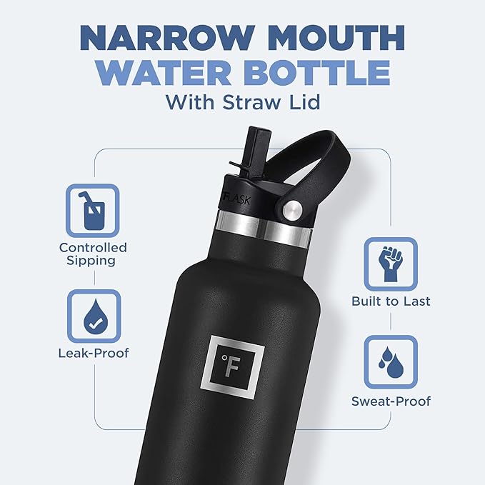 IRON °FLASK Camping & Hiking Hydration Canteens - 3 Lids (Narrow Straw Lid) Leak Proof Vacuum Insulated Stainless Steel - Hot & Cold Double Walled Sports Water Bottle - Cobalt, 24 Oz