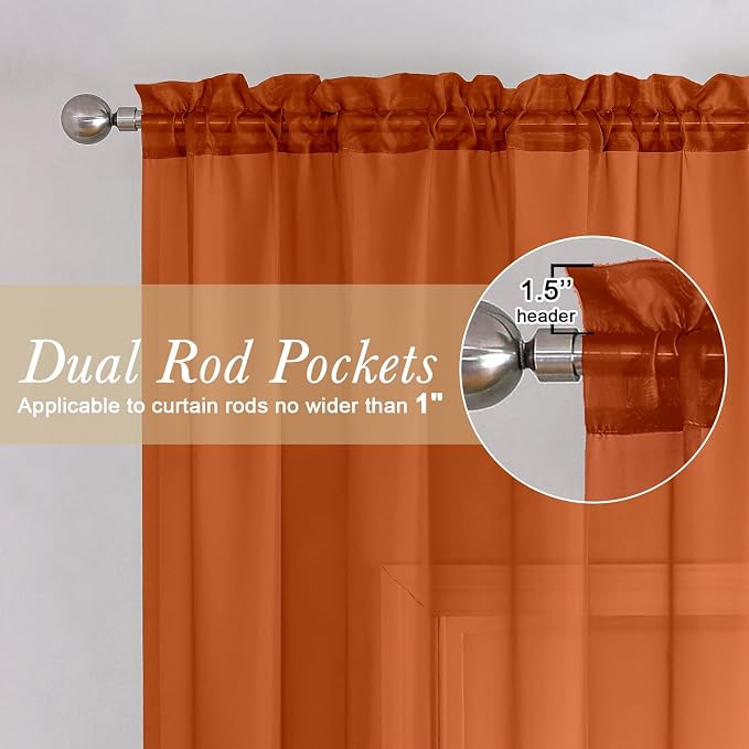 Orange Sheer Curtains 63 Inch Length 2 Panels Set, Window Curtains - Image 2