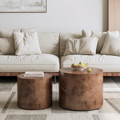 Round Nesting Coffee Table Set of 2, Modern Wooden Circle Burl Accent Tables - Image 4