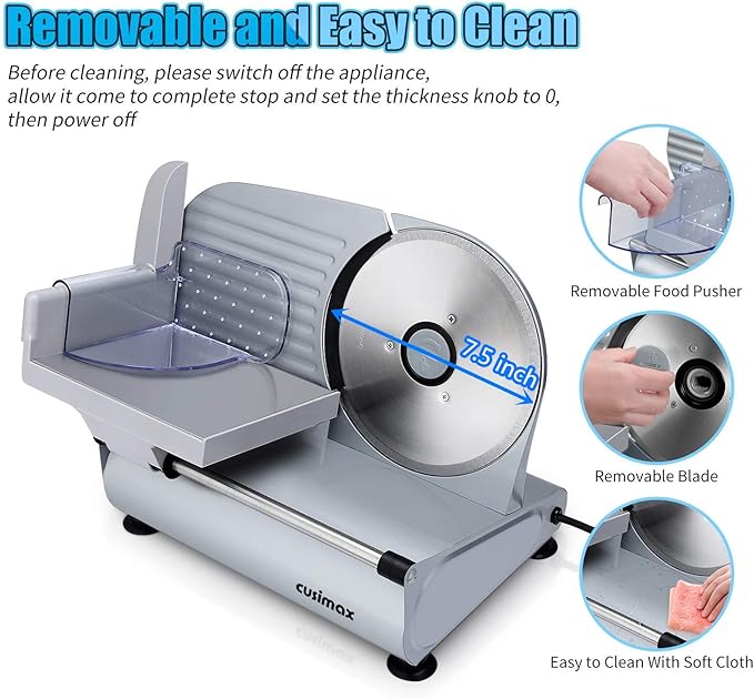 Meat Slicer, CUSIMAX Electric Deli Food Slicer with Two 7.5'Removable Stainless Steel Blades and Pusher, Cheese Fruit Vegetable Bread Cutter, Adjustable Knob for Thickness, Food Carriage