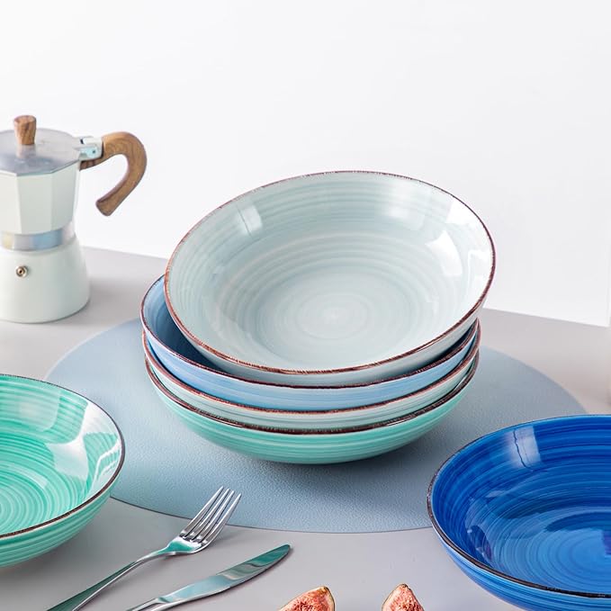vancasso Bonita Pasta Bowls Set of 6, 50oz Large Salad Bowls for Kitchen, Stoneware Serving Bowls Dishwasher & Microwave Safe, Blue Bowl Set