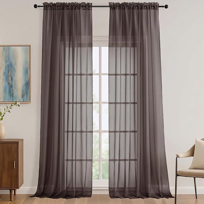 Sheer Chocolate Curtains 108 Inches Long 2 Panels Set, 59 Inch Extra Wide by OVZME