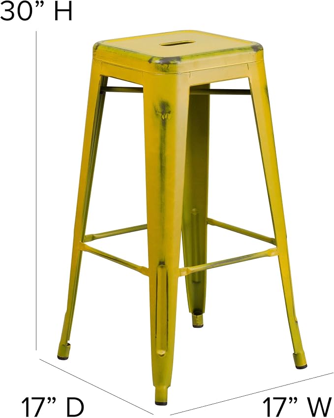 Flash Furniture Kai Commercial Grade 30" High Backless Distressed Yellow Metal - Image 3