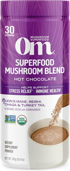 OM MUSHROOM SUPERFOOD Hot Chocolate Blend – Dutch Cocoa with Lion’s Mane, Reishi, Chaga & Turkey Tail – Supports Focus, Calm & Stress Relief – 2g Sugar, 25 Calories – 8.47 oz Canister (30 Servings)
