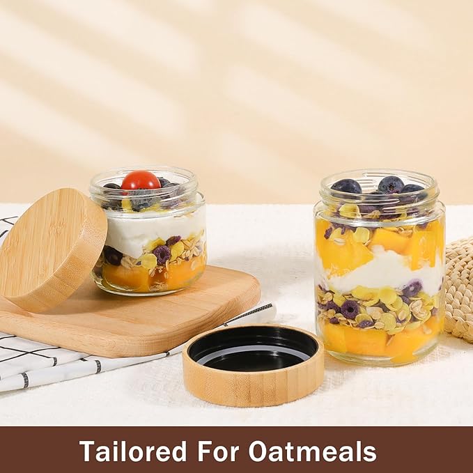 OcePor 6 Pack Glass Jars with Bamboo Lids, Over Night Oats Container with Airtight Lid, Glass Snack Storage Salad Jars For Food, Yogurt, Sugar and Flour,Coffee Bean, Cookie, Cereal