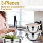 TeamFar Mixing Bowls, Stainless Steel Nesting Salad Bowls with Airtight Lids Set, For Serving/Mixing/Storing, Rust-proof & Heavy Duty, Dishwasher Safe, Set of 3-4.6/3 / 1.5 QT, Khaki