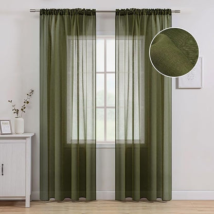 MIULEE Olive Green Linen Textured Semi-Sheer Curtains 54W×84L 2 Panels | Semi by MIULEE
