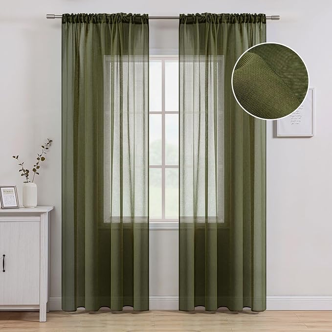 MIULEE Semi Transparent Olive Green Linen Textured Sheer Curtains 54W×90L | by MIULEE