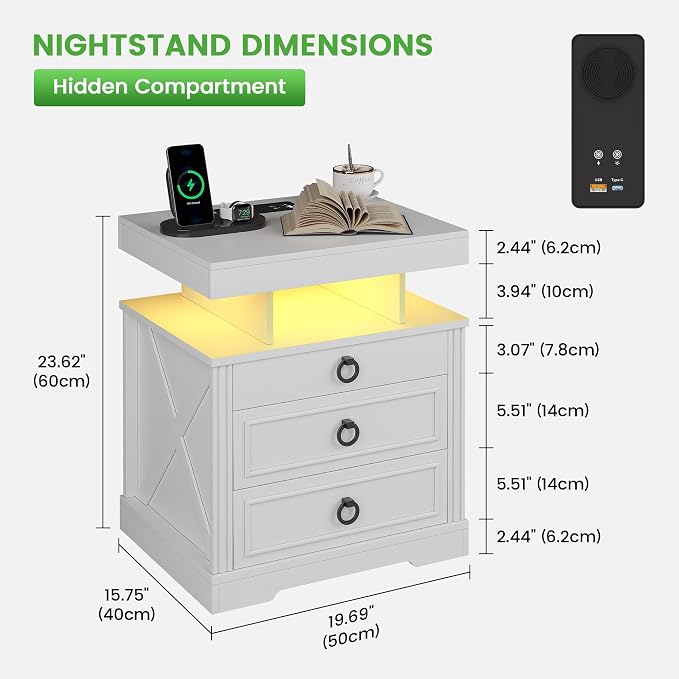 HNEBC Night Stand with Gun Drawers, Farmhouse Nightstand with Charging Station - Image 2