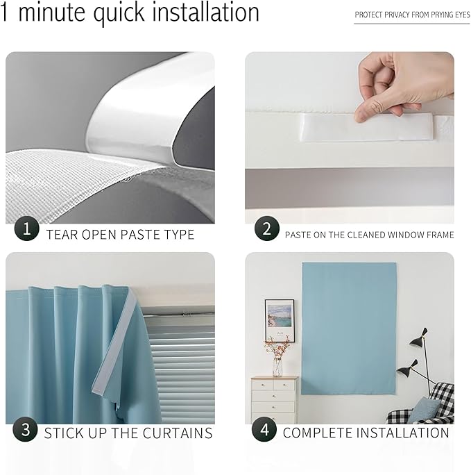 Thermal Blackout Curtains with Self-Adhesive Tape, No Rod No Drill Easy Install - Image 4