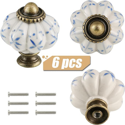 Ivory & Blue Pumpkin Knobs 6 Pack Ceramic Cabinet Knobs Vintage Drawer Pulls - Image 2