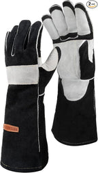 YESWELDER 16 Inches,932℉,Leather Forge MIG Welding Gloves, with Kevlar Stitching Heat/Fire Resistant, Palm Reinforcements, Black-Gray