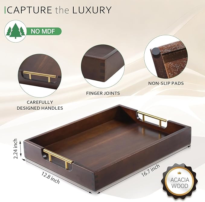 Joy&Grace Acacia Wooden Serving Tray with Metal Handles 16.7 x 12.8 inch Decorative Ottoman Tray for Living Room Coffee Table Large (Color Brown)