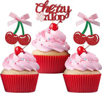 24 Pack She's the Cherry On Top Cupcake Toppers, Glitter Cherry Sweet Cake Pick for Fruits Theme Baby Shower and Bridal Shower Decorations Supplies (Ribbon Top)