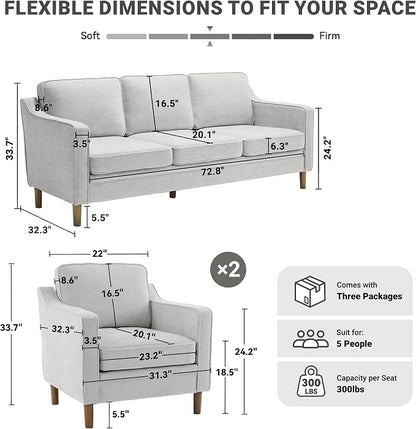 Kingfun Living Room Furniture Sets, 3 Seater Couch and 2 Armchair, Mid Century - Image 2