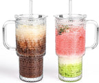 2 Pack 18oz Vintage Glass Cups With Handle, Iced Coffee Cups With Lid And Straw, Thicked Wall Glass Tumbler For Water, Juice, Beers, Drinking Jar with Lid sealed Carry On Cup