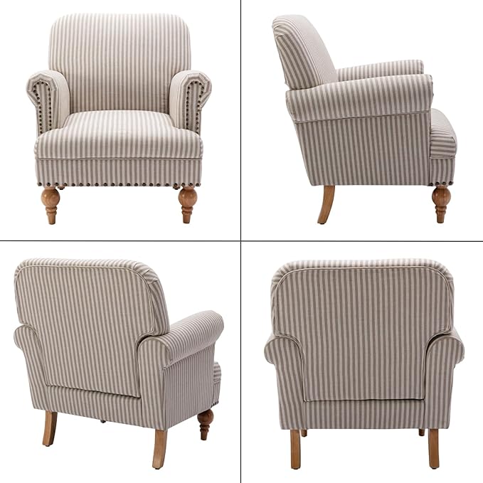 Khaki Striped Linen Fabric Accent Chair, Modern Farmhouse Upholstered Armchair - Image 7