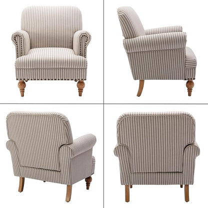 Khaki Striped Linen Fabric Accent Chair, Modern Farmhouse Upholstered Armchair - Image 7