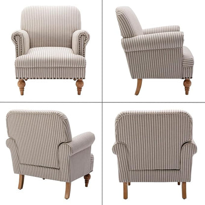 Khaki Striped Linen Fabric Accent Chairs Set of 2, Modern Farmhouse Upholstered - Image 9