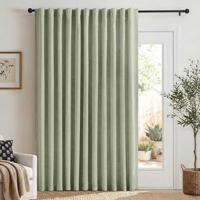 Faux Linen Total Blackout Sliding Door Curtains 84 Inches Long, Sage Green | by 100BlackoutShield