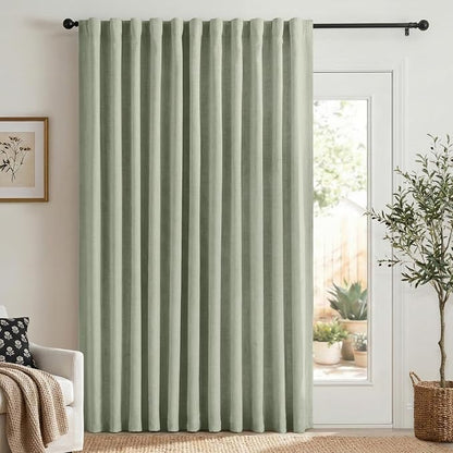 Faux Linen Total Blackout Sliding Door Curtains 108 Inches Long, Sage Green | by 100BlackoutShield