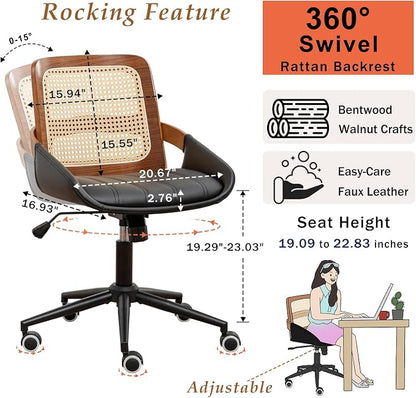 Home Office Desk Chair with Ergonomic Rattan Backrest, Walnut Crafts, Curved - Image 2