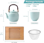 Dujust Japanese Tea Set, Cyan-blue Porcelain Tea Set with 1 Teapot Set, 6 Tea Cups, 1 Tea Tray, 1 Stainless Infuser, Asian Tea Sets for Adults/Tea Lover/Women/Men (Bamboo - Straight Grain Design)
