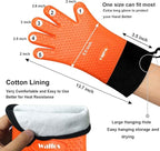 Walfos Silicone BBQ Gloves - Heat Resistant Grilling Gloves Set with Pork Shredder Claws & Brush, Non-Slip Kitchen Silicone Oven Mitt with Protective Cotton Layer, Suit for Indoor & Outdoor, Orange