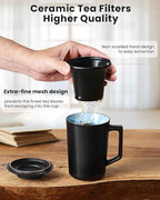 15 OZ Porcelain Tea Infuser Cup with Lid,Ceramic Tea Mug with All-Porcelain Strainers for Loose Leaf Teas,Microwave and Dishwasher Safe Coffee Mug,Metal-Free,BPA-Free,Gifts for Tea-Lover (Black)