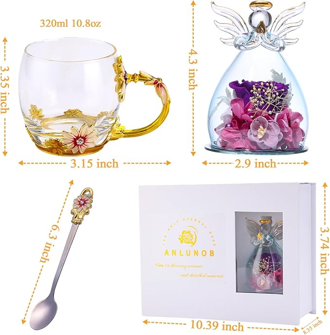 ANLUNOB Preserved Flower Rose in Angle Tea Coffee Mug with Spoon Artisan Enamel Glass Tea Cup Elegant Floral Design Birthday Anniversary Mother Day Valentines Gifts for women mom grandma friends