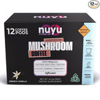 Nuyu Mushroom Coffee Pods, K-Cups, 100% Medium Roast Arabica Coffee with Lion's Mane, Reishi, Chaga, Cordyceps, 2000mg per Pod (12, French Vanilla)