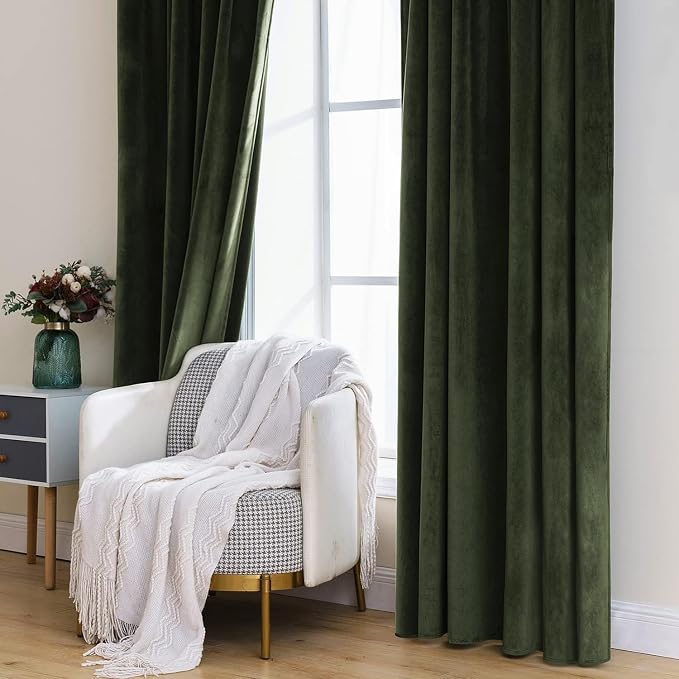 MIULEE Velvet Curtains 52x96 inches 2 Panels Olive Blackout Curtains | Luxury - Image 7