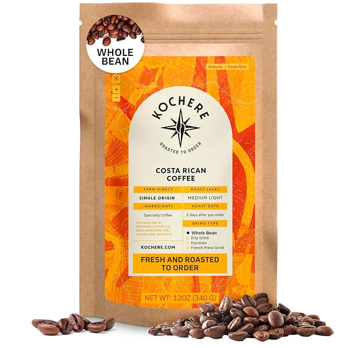 Costa Rican Whole Bean Coffee Medium Roast - 12 oz, Single Origin Arabica SpecialtyCoffee Beans, Fair Trade, Non-GMO