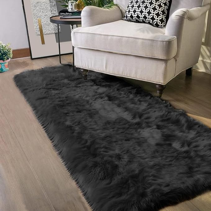 Latepis Black Runner Bedside Rug 2x6 Area Faux Sheepskin Fur Rug Washable - Image 7