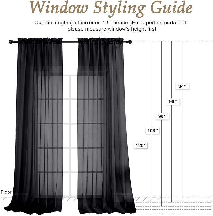 Black Sheer Curtains 120 Inches Long 2 Panels Set, 59 Inch Extra Wide Soft Airy - Image 2