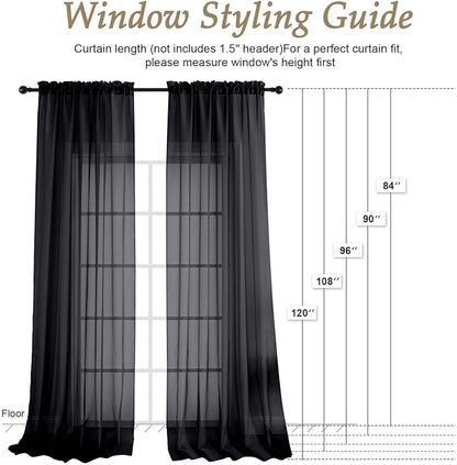 Black Sheer Curtains 120 Inches Long 2 Panels Set, 59 Inch Extra Wide Soft Airy - Image 2