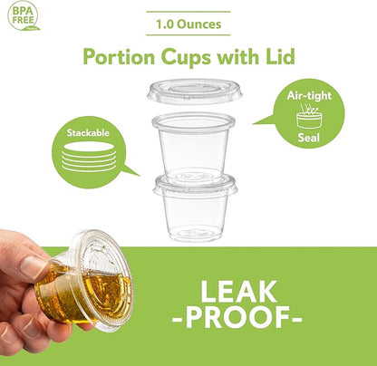 (1 oz - 100 Sets) Clear Diposable Plastic Portion Cups With Lids, Small Mini Containers For Portion Controll, Jello Shots, Meal Prep, Sauce Cups, Slime, Condiments,