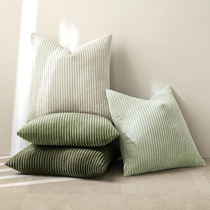 MIULEE Soft Corduroy Decorative Throw Pillow Covers Light Green 20x20 | Set of 4 - Image 4