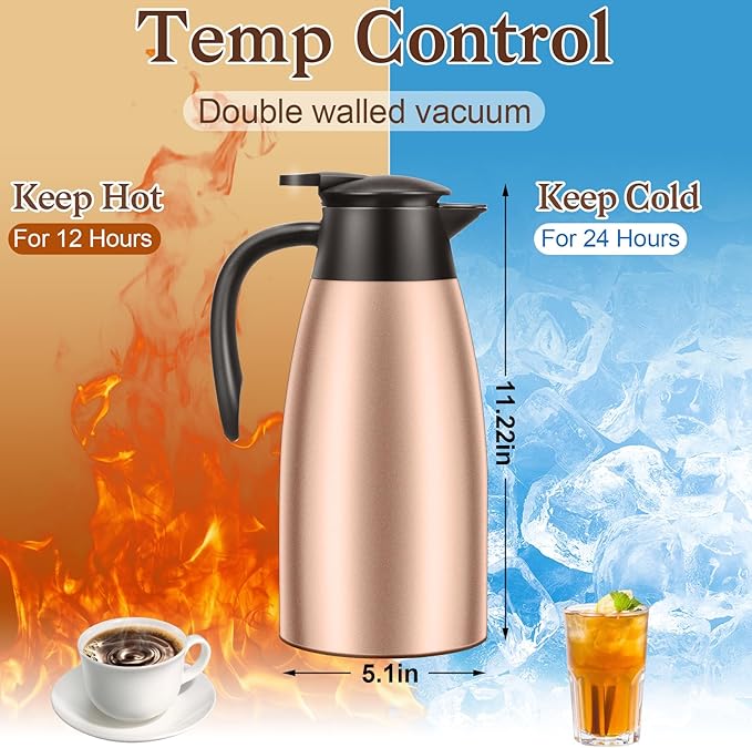 2 PCS 68 OZ Thermal Coffee Carafe, Insulated Stainless Steel Coffee Carafe Double Walled Vacuum Thermal Pot Flask with Brushes Thermos for Keeping Hot Coffee Tea Home and Office (Gold)